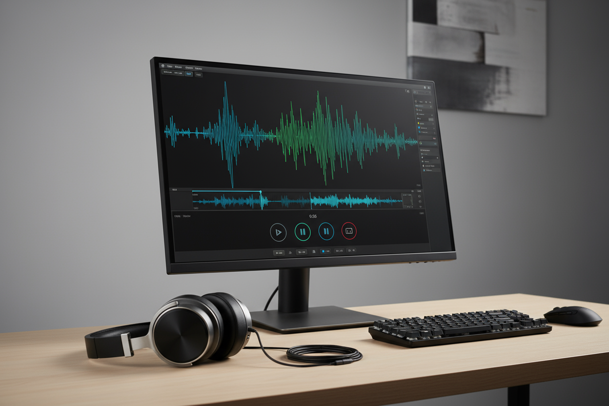 Headphones and demo music file on pc monitor